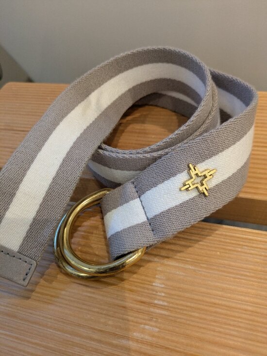 India Hicks Speedy Stripe D-Ring Canvas Belt Taupe Ivory Gold S/M Made in Italy.
